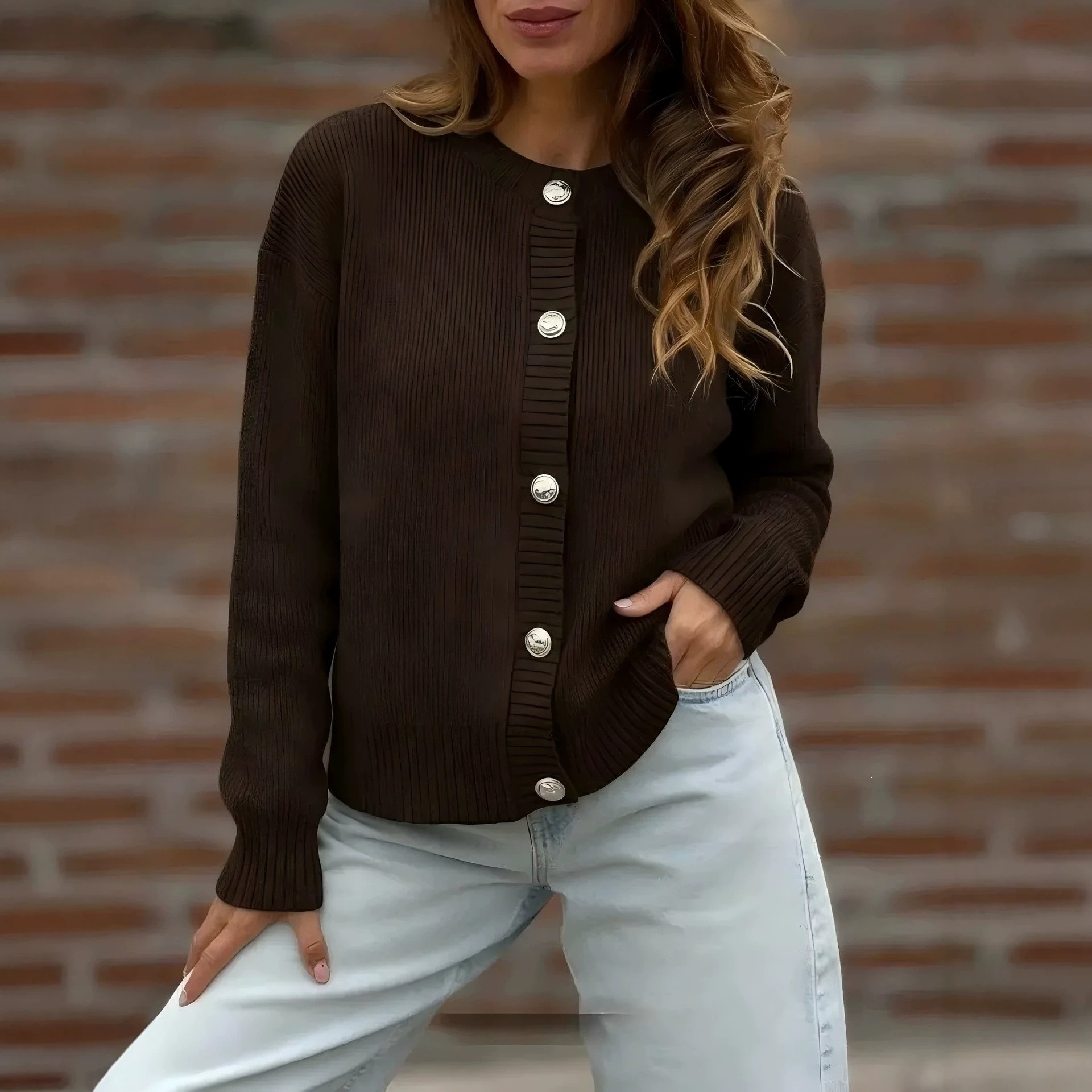 Women's Solid Button-Front Long-Sleeve Cardigan Sweater