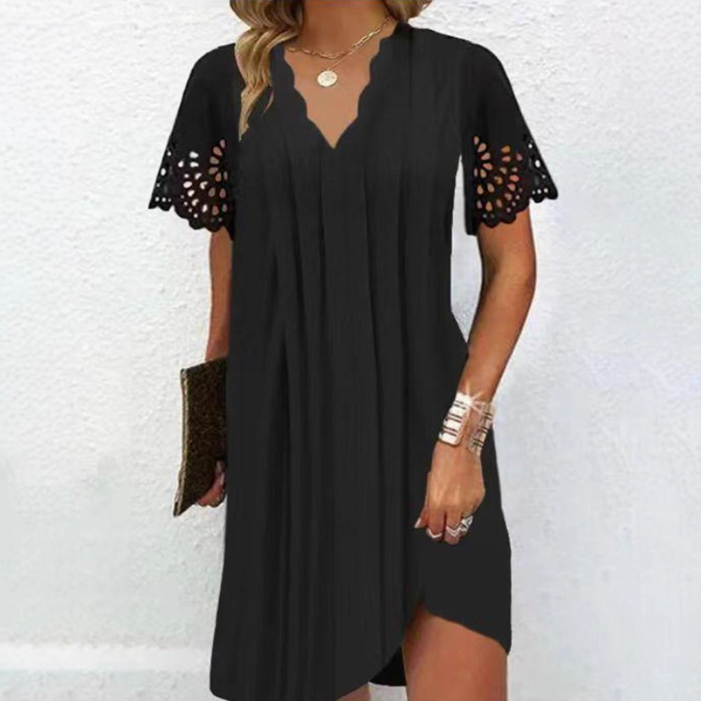 Women's Summer Short Sleeve Wave Neck Cutout Elegant Dress