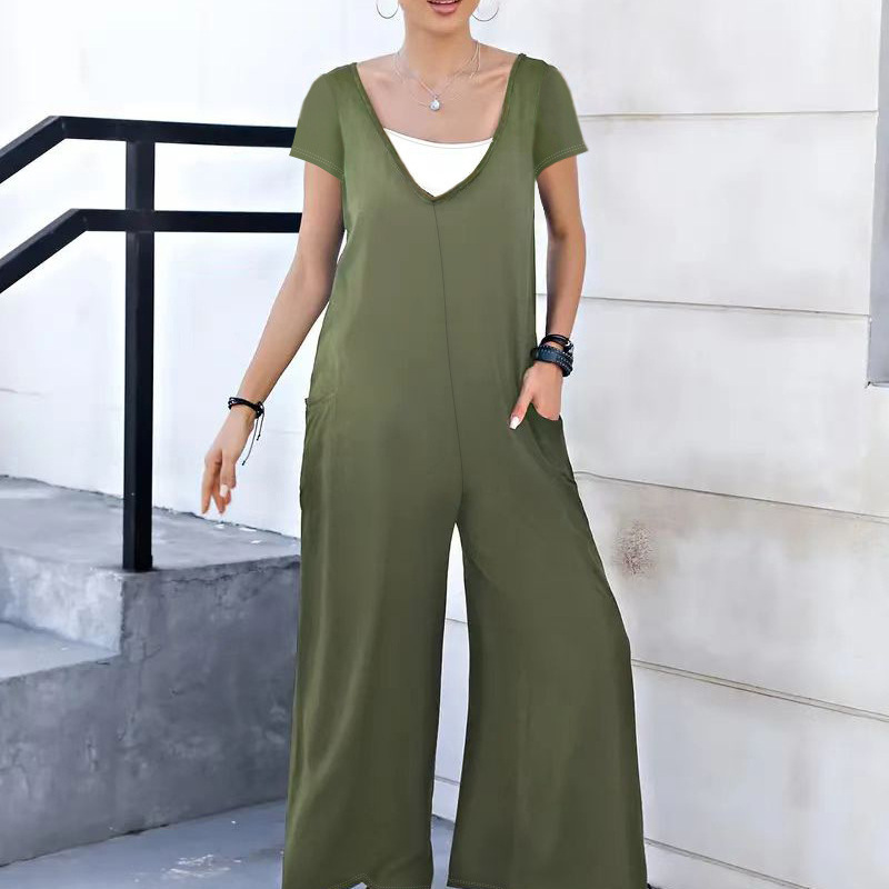 Solid Color Patch Pocket V-Neck Wide-Leg Jumpsuit