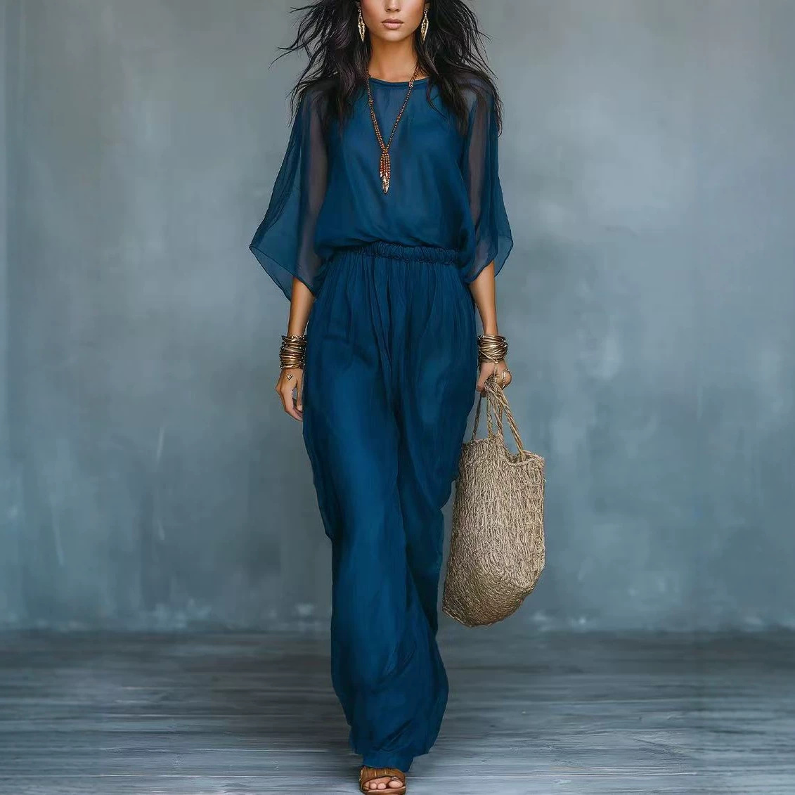 Boho Lightweight Batwing Sleeve Top & High-Waist Wide-Leg Pants Set