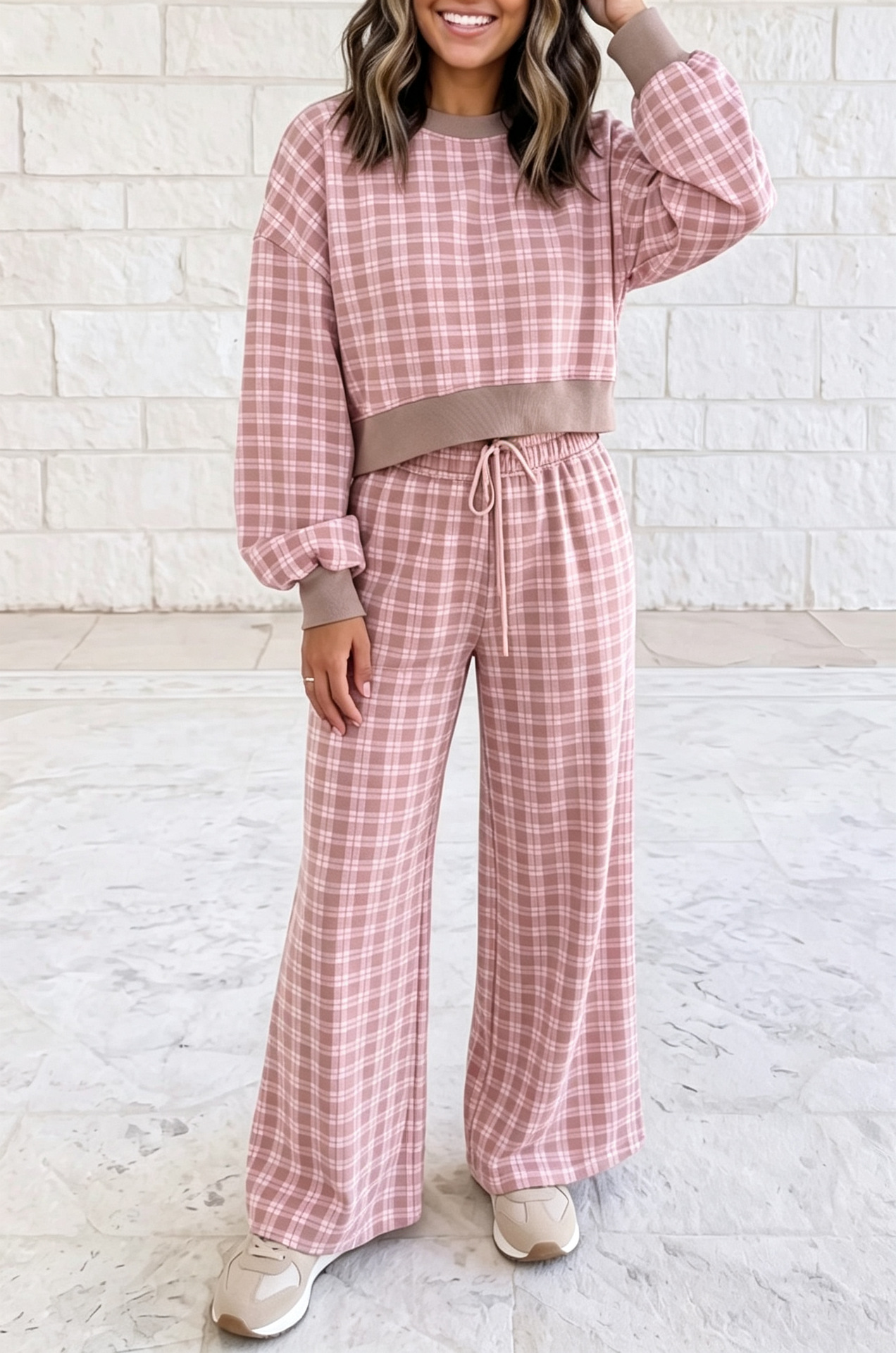 High-Waist Plaid Print Wide-Leg Two-Piece Pants Set