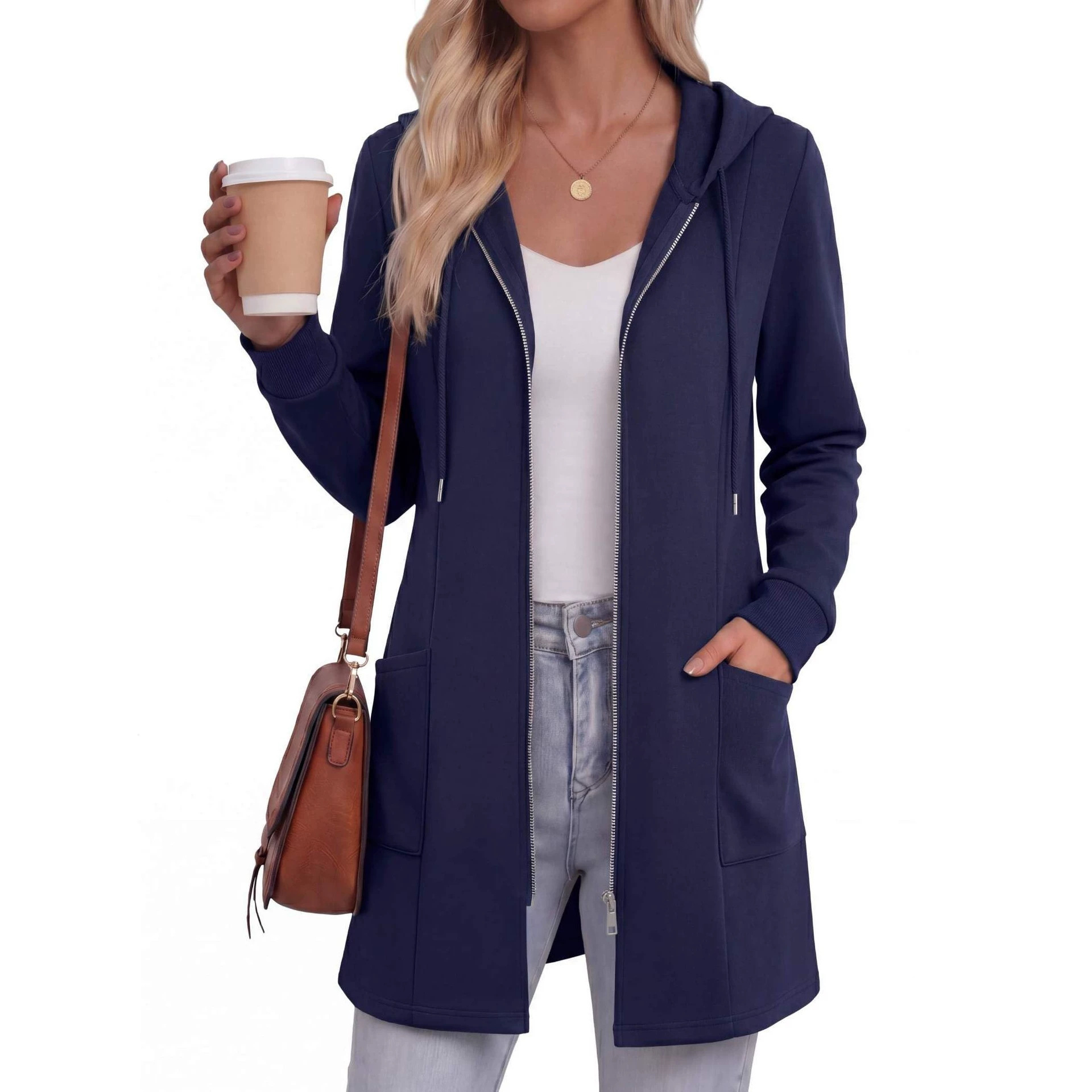 Women's Solid Color Mid-Length Zip-Up Hoodie Casual Sweatshirt Jacket