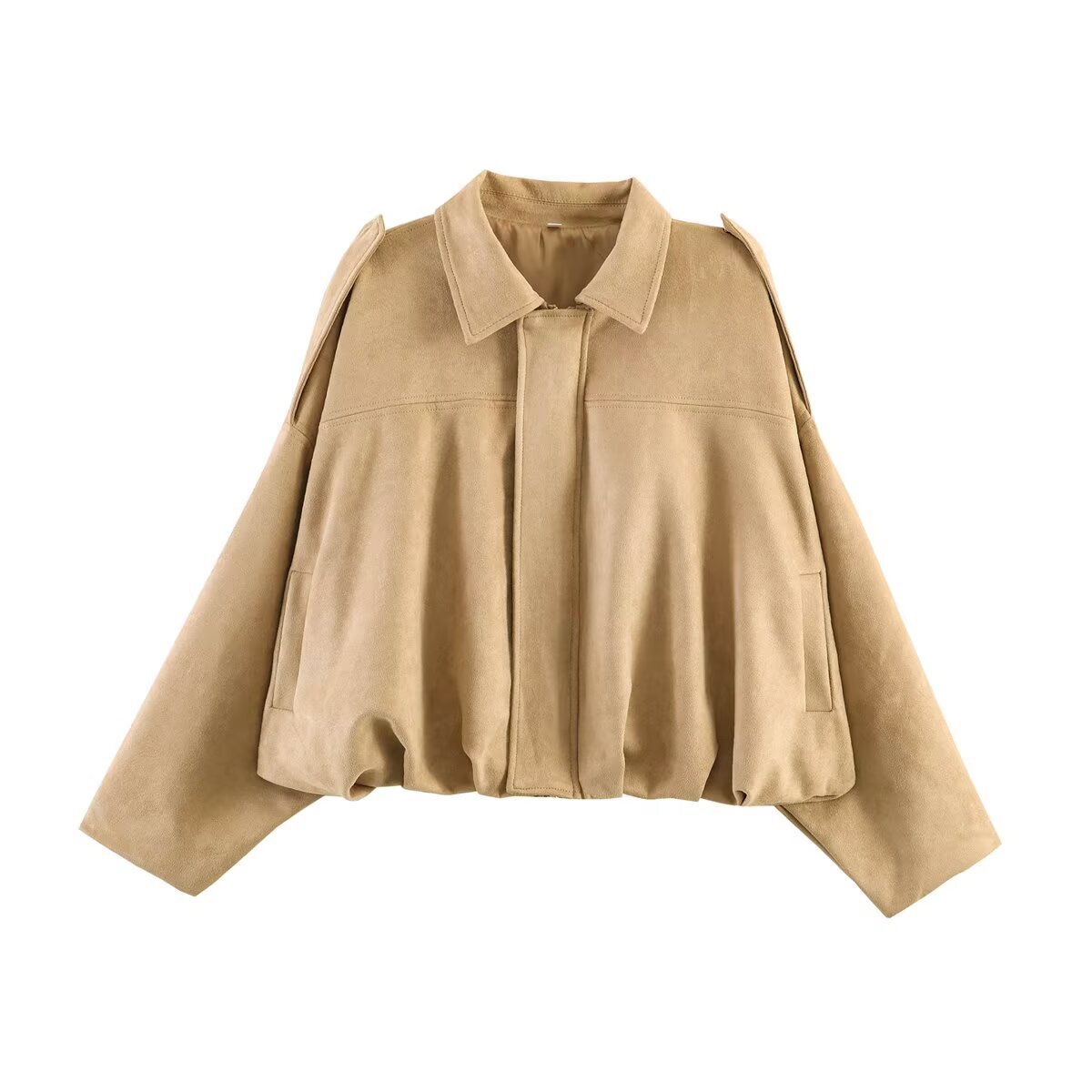 Suede-Feel Faux Leather Bomber Jacket with Lapel Collar