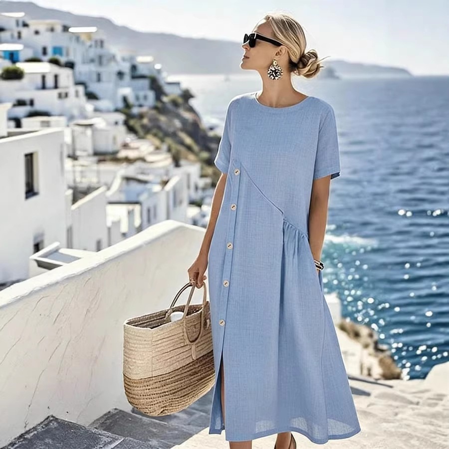 Women's Casual Button-Trim Midi Dress with Pockets