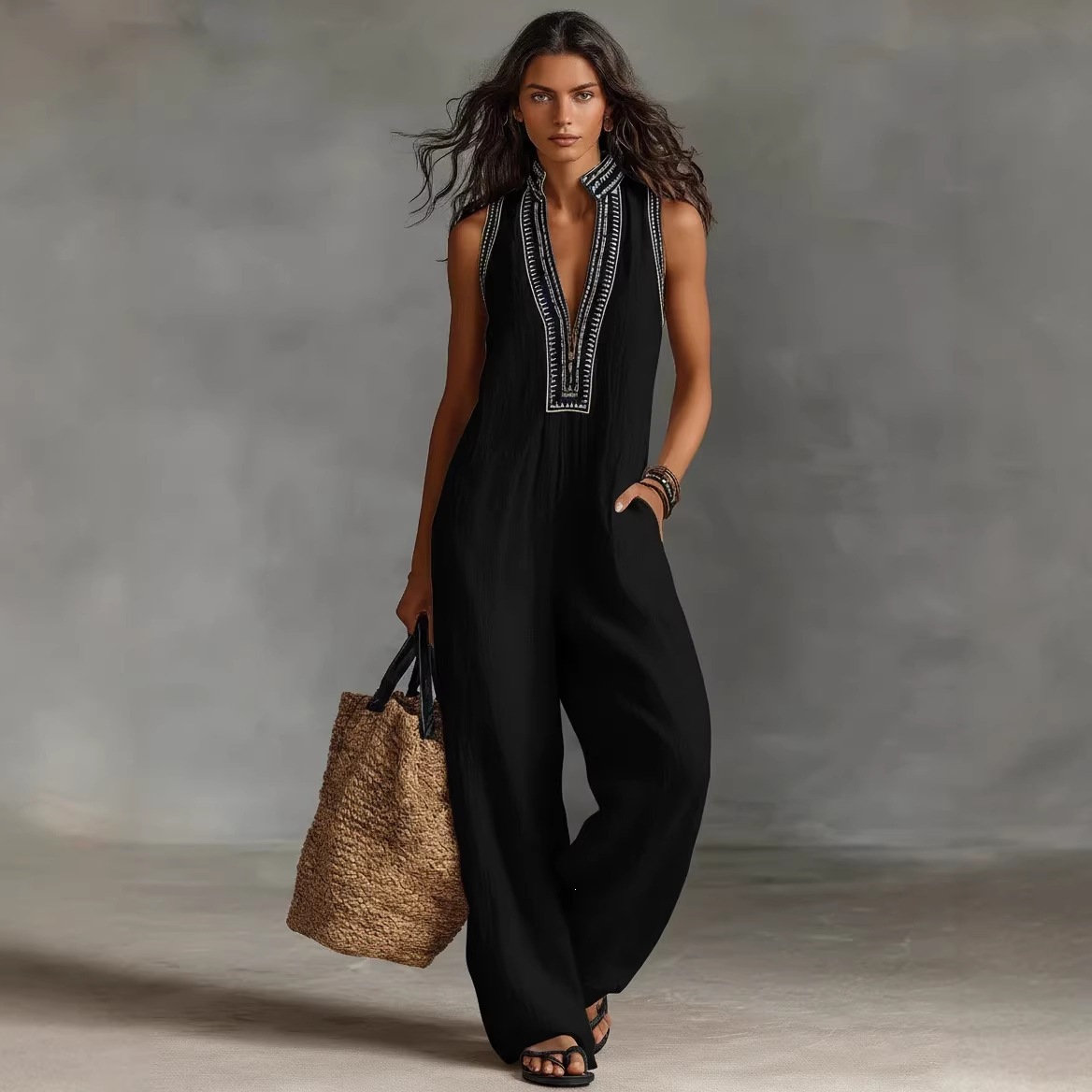 Women's Sleeveless V-Neck Embroidered Wide-Leg Jumpsuit