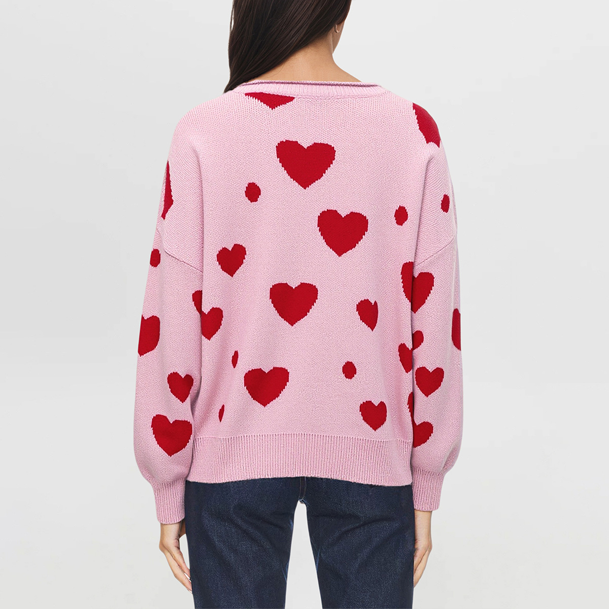 Heart Pattern Knit Sweater Women's Pullover Loose Fit Crew Neck Long Sleeve