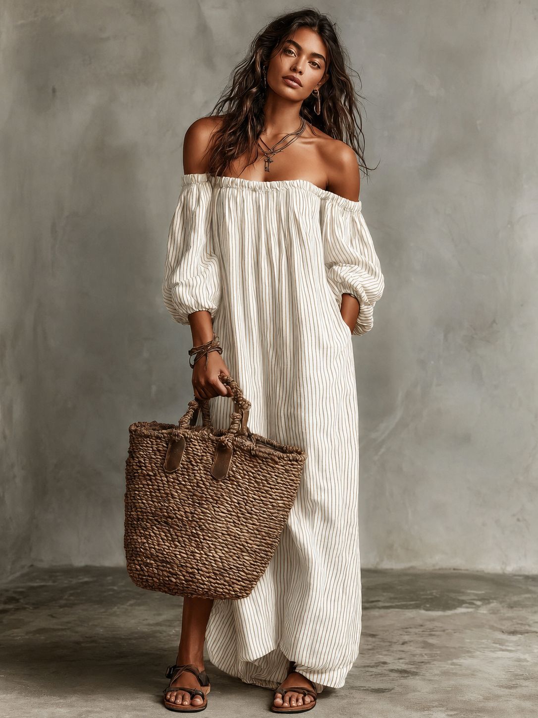 Striped Off-Shoulder Linen-Blend A-Line Maxi Dress