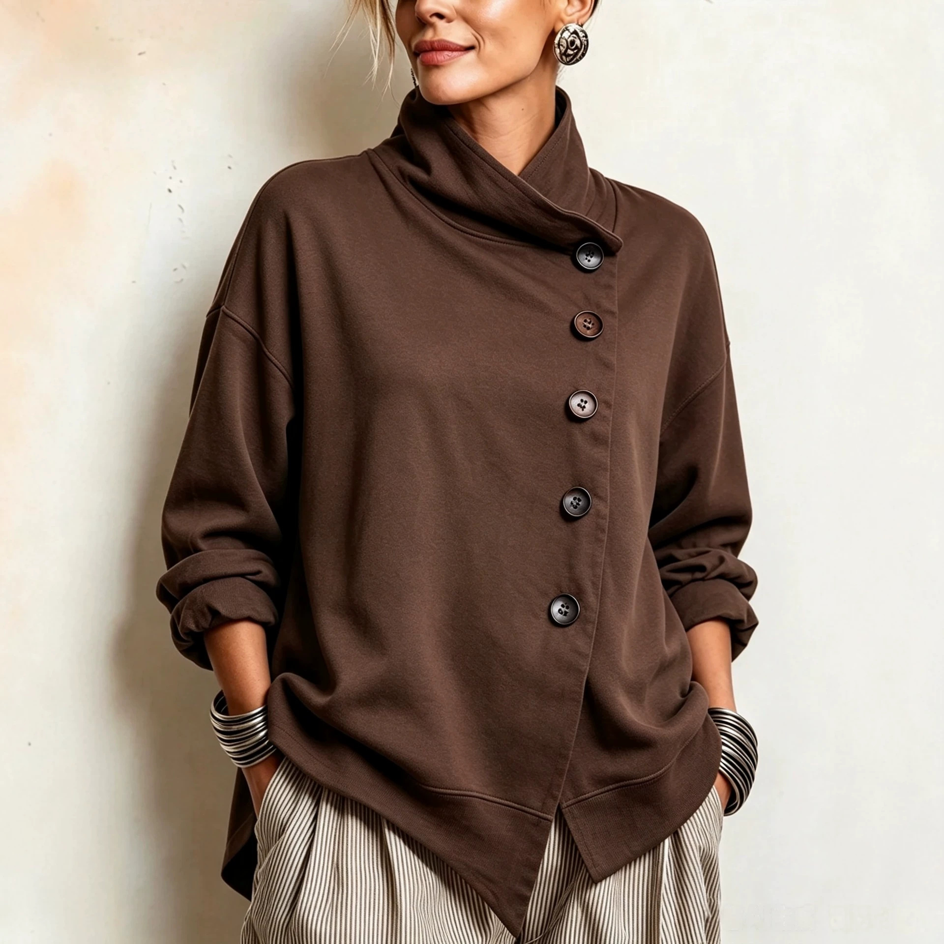 Stand Collar Asymmetric Hem Button-Front Loose Fit Long Sleeve Solid Color Sweatshirt for Women