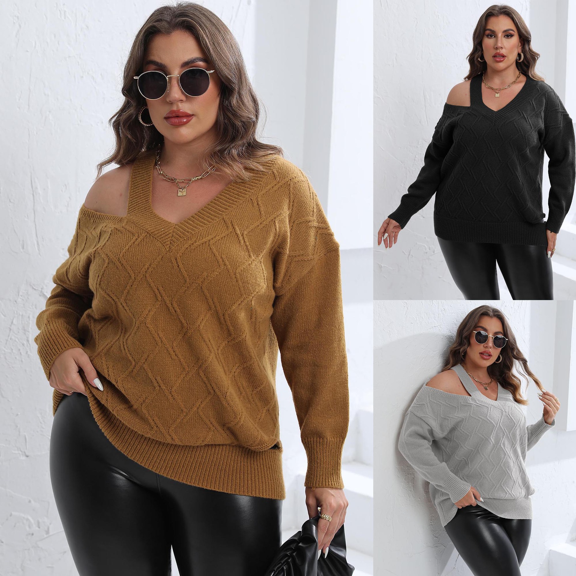 Women's Plus Size Off-Shoulder V-Neck Knit Sweater