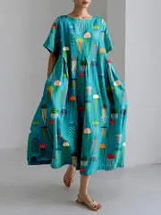 Women's Loose Round Neck Floral Print Midi Dress