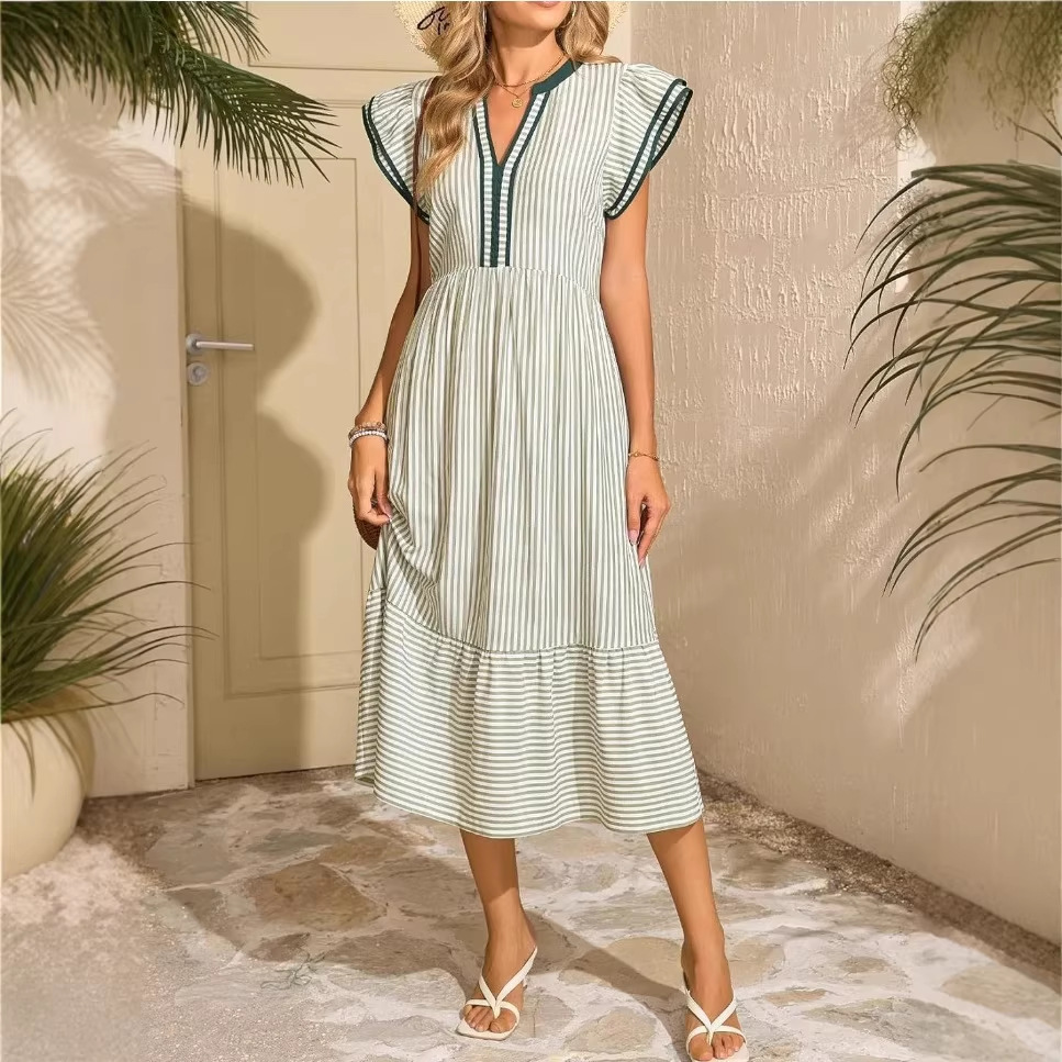 Striped Double Ruffle Short Sleeve Colorblock V-Neck Dress