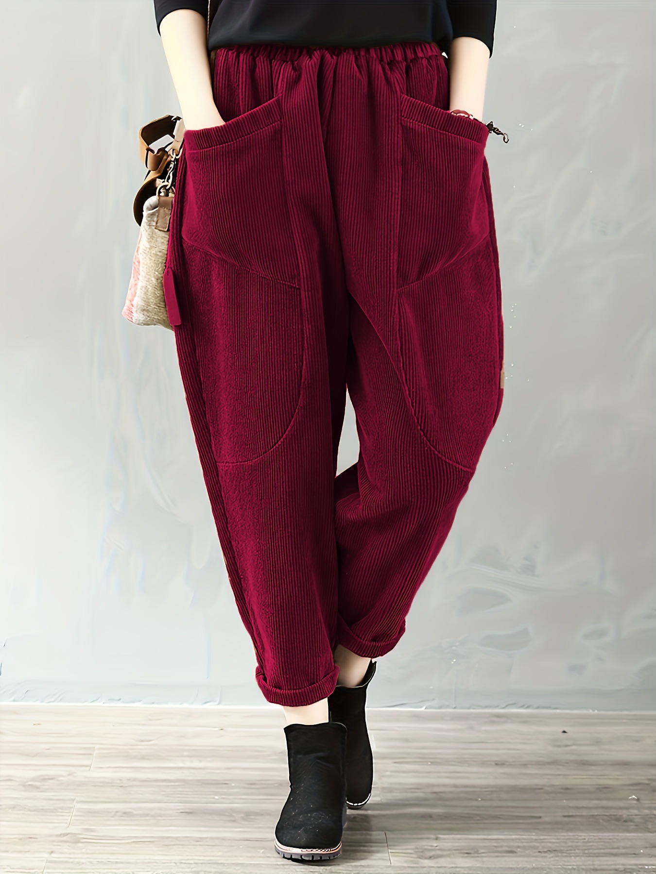 Women's Corduroy Elastic Waist Wide Leg Pants Plus Size