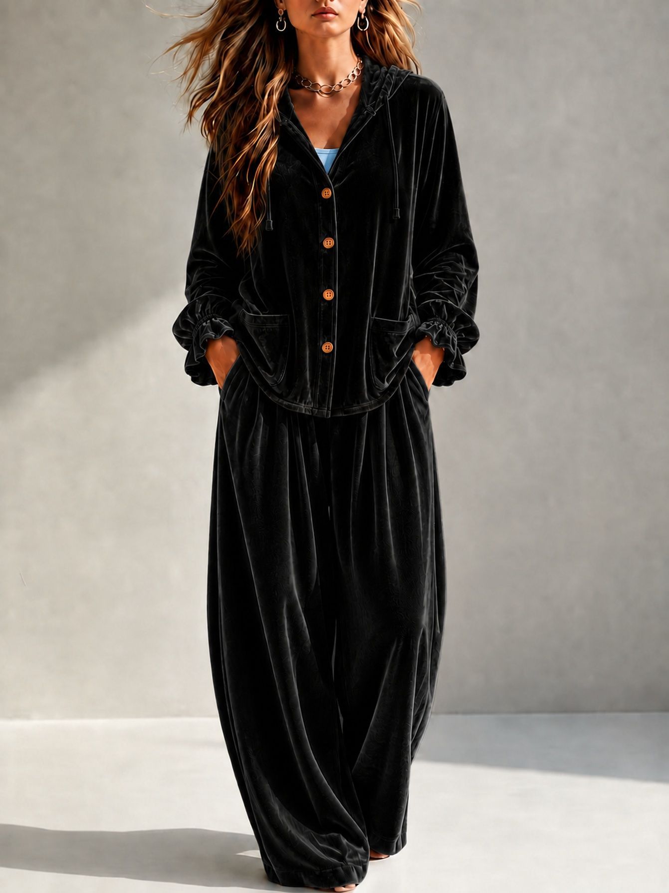 Velvet Open-Front Cardigan and Pants Two-Piece Set with Pockets