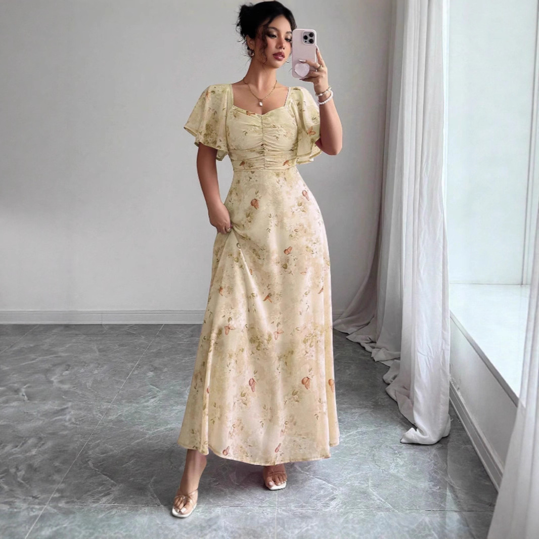 Floral Butterfly Print Ruffle Sleeve Slim Fit Midi Dress with Lining
