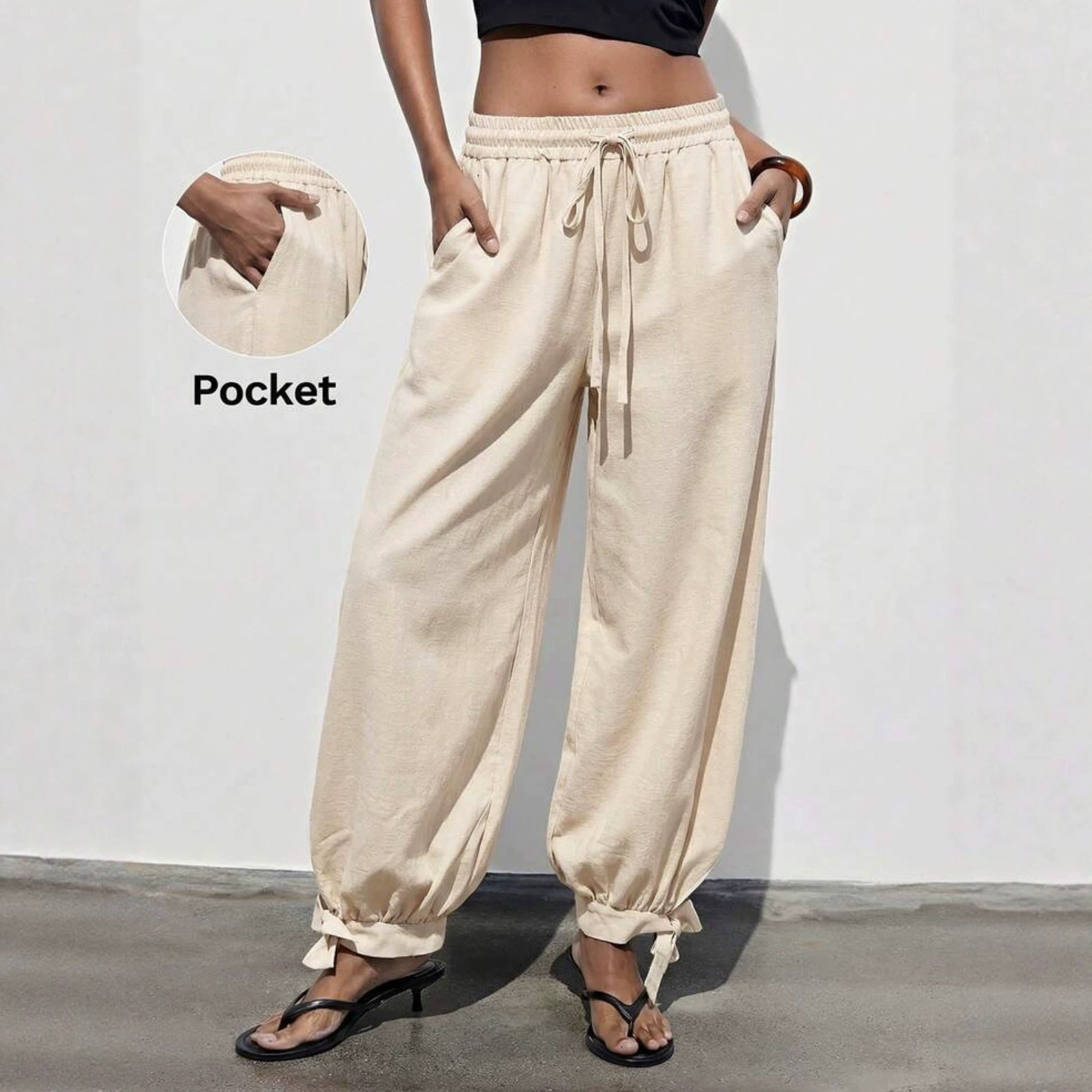 Women's Solid Drawstring Waist Harem Pants with Pockets
