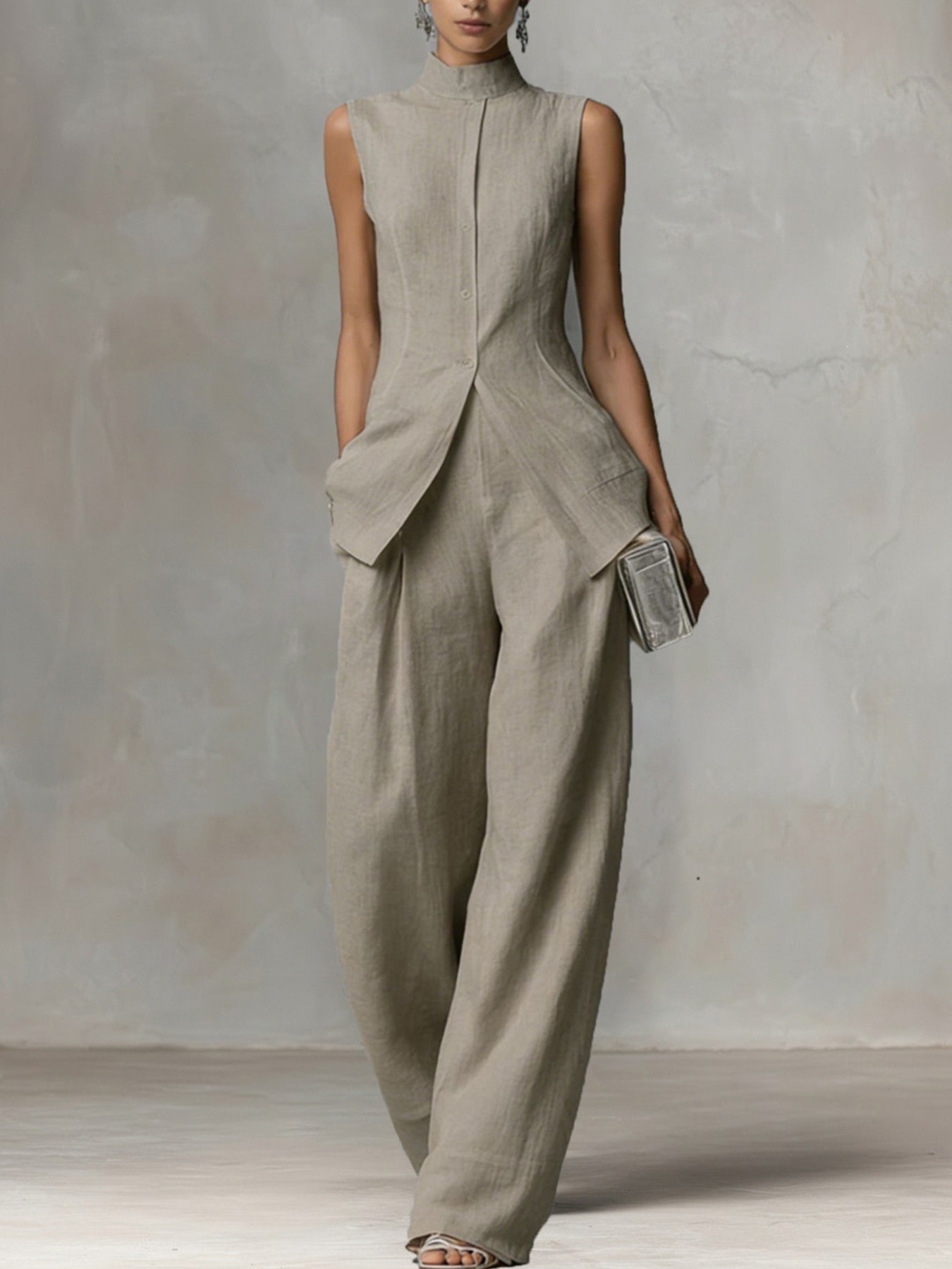 Women's Sleeveless Shirt and Pants Set with Drape, Casual Chic Two-Piece Outfit