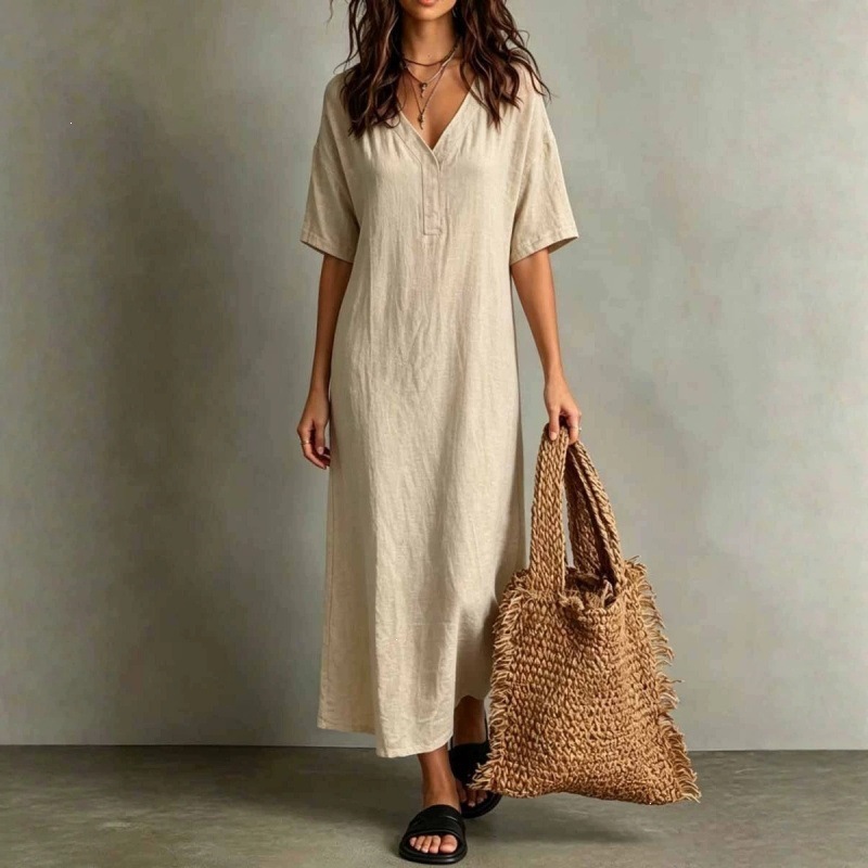 Boho Cotton-Linen Loose A-Line Maxi Dress with V-Neck and Short Sleeves