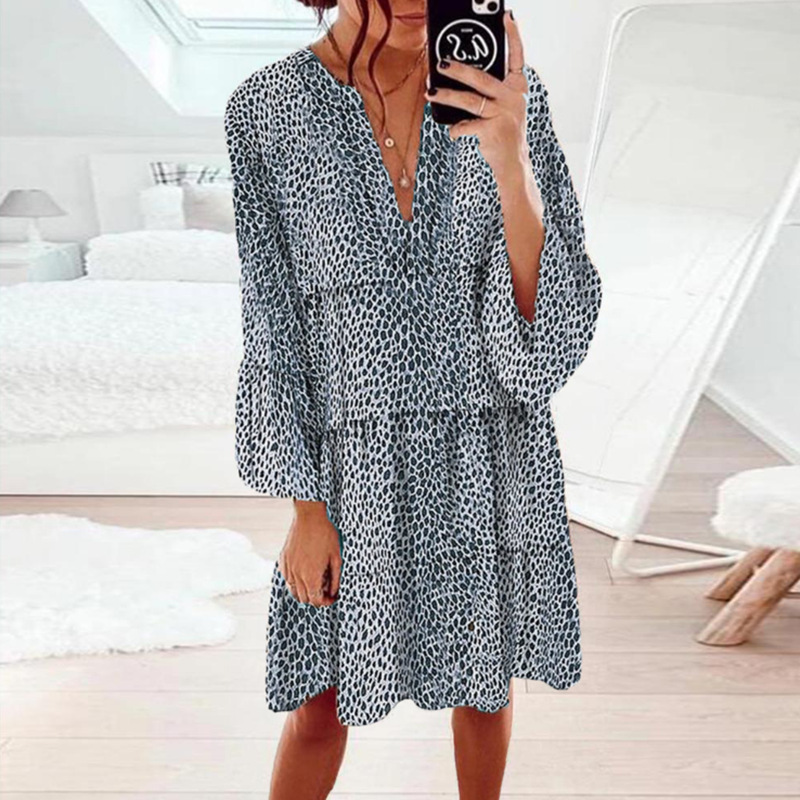 Leopard Print V-Neck Long Sleeve Pleated Midi Dress