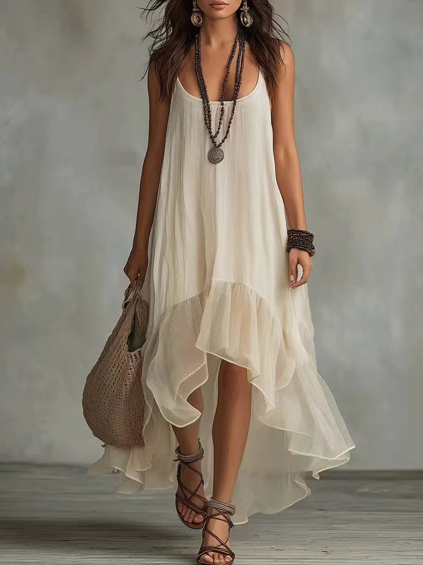 Women's Solid Color Sleeveless Asymmetrical Dress Ivory White