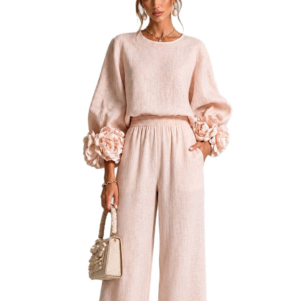 Women's 3D Floral Bubble Sleeve Two-Piece Set with High-Waist Wide-Leg Pants