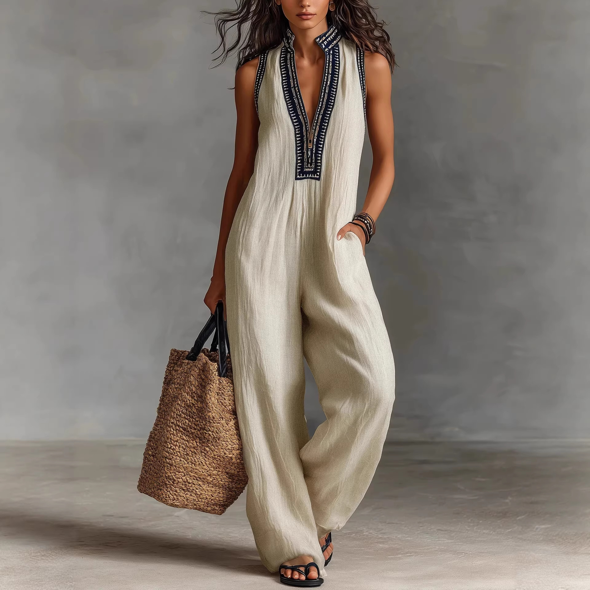 Women's Linen-Blend Sleeveless Zip-Front Jumpsuit
