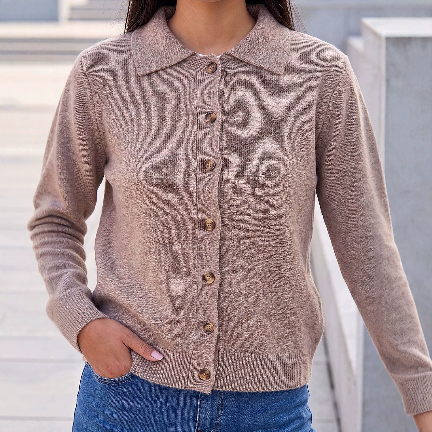 Women's Polo Collar Knit Cardigan Long Sleeve Short Coat
