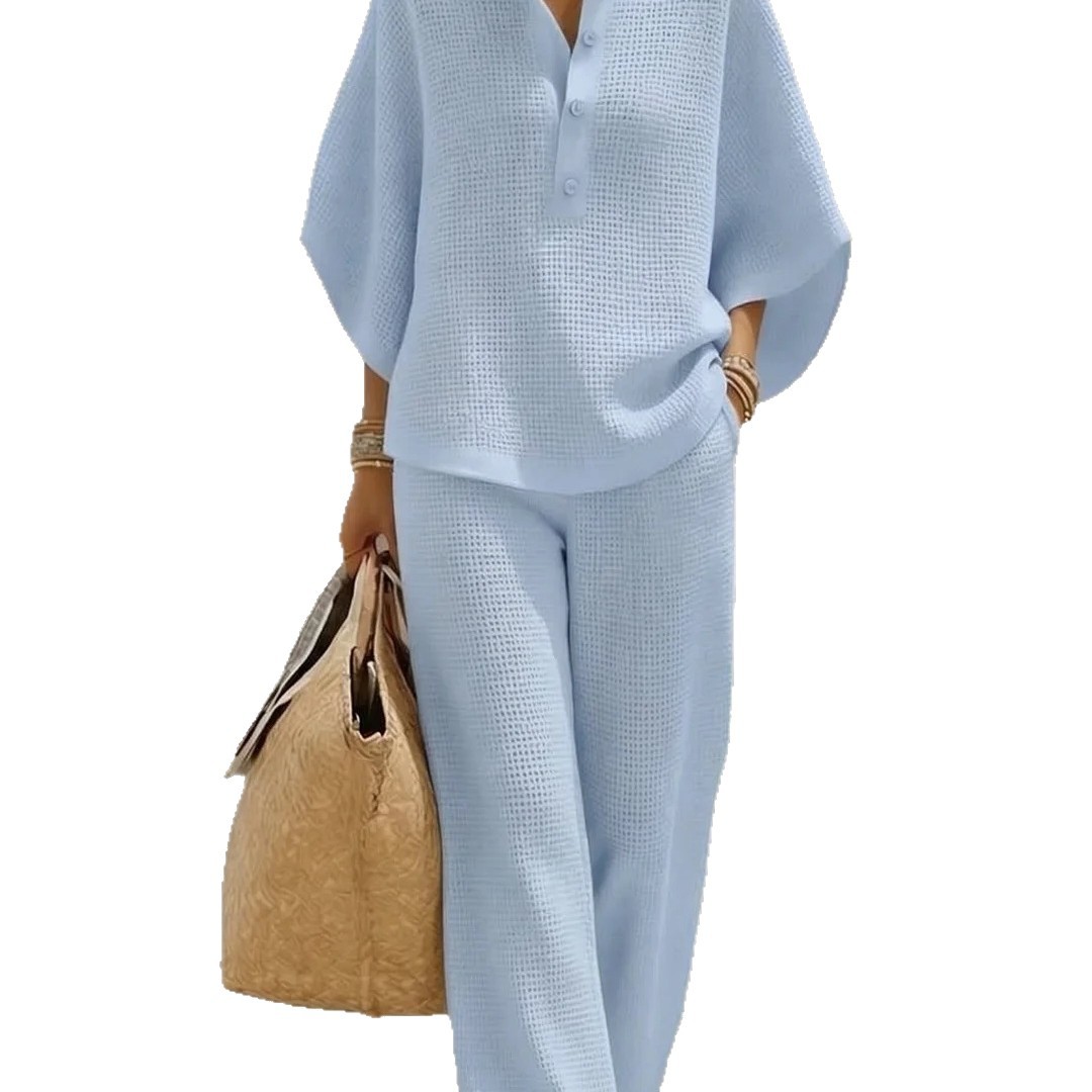 Women's Casual Waffle Knit Button Shirt & Wide-Leg Pants Set