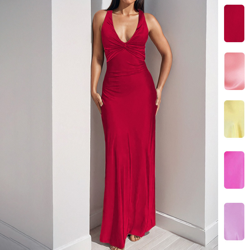 Women's V-Neck Ruched Bodycon Long Dress