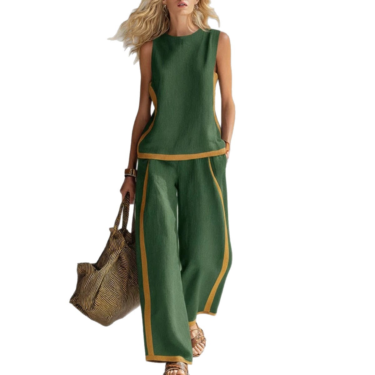 Sleeveless Colorblock Wide-Leg Pants Set Summer Casual Two-Piece