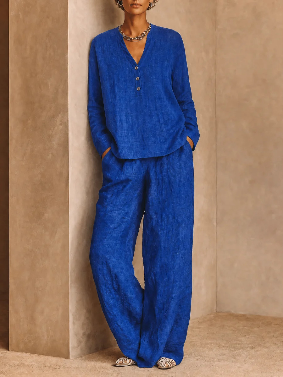 Women's V-Neck Button Solid Long Sleeve Top & Wide-Leg Pants 2-Piece Set