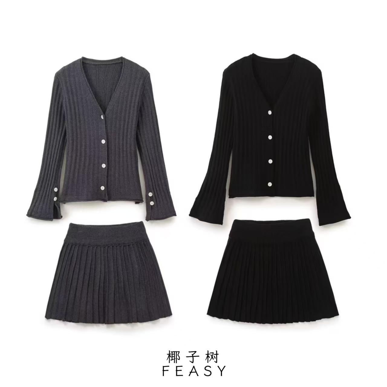 Women's Split Cuff Knit Top and Mini Skirt Set