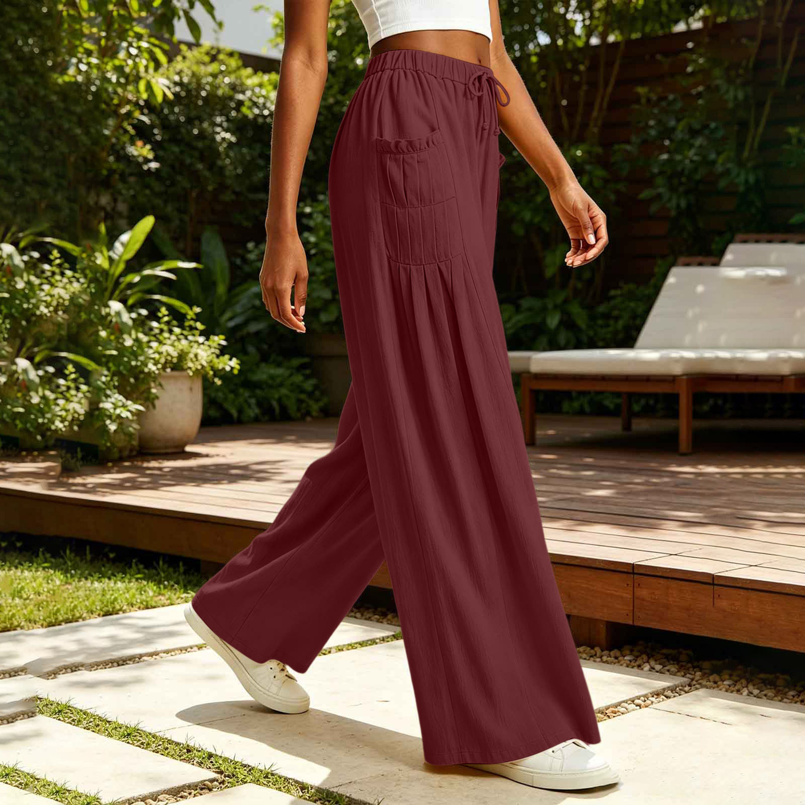 Women's Cotton-Linen Wide-Leg Pants High Waist Pleated Pockets