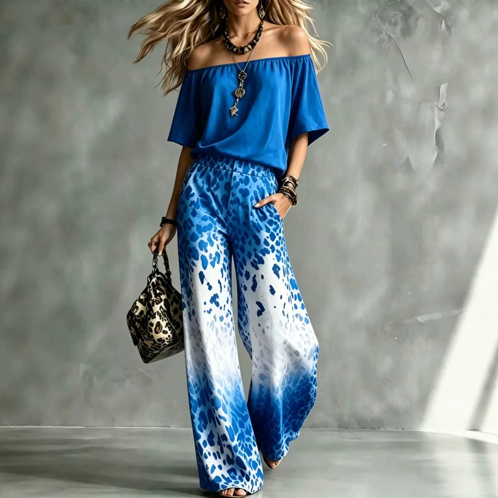 Leopard Gradient Off-Shoulder Top & Wide-Leg Pants Set