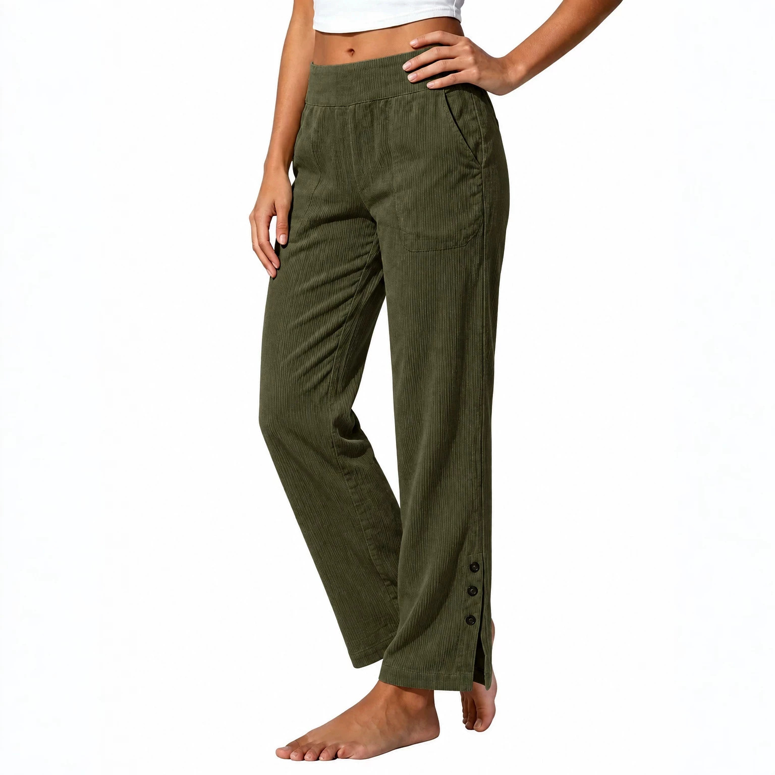 2026 European & American Cross-Border Women's Corduroy Casual Straight-Leg Pants High-Waist Loose Side-Pocket Slit Button Trousers for Women