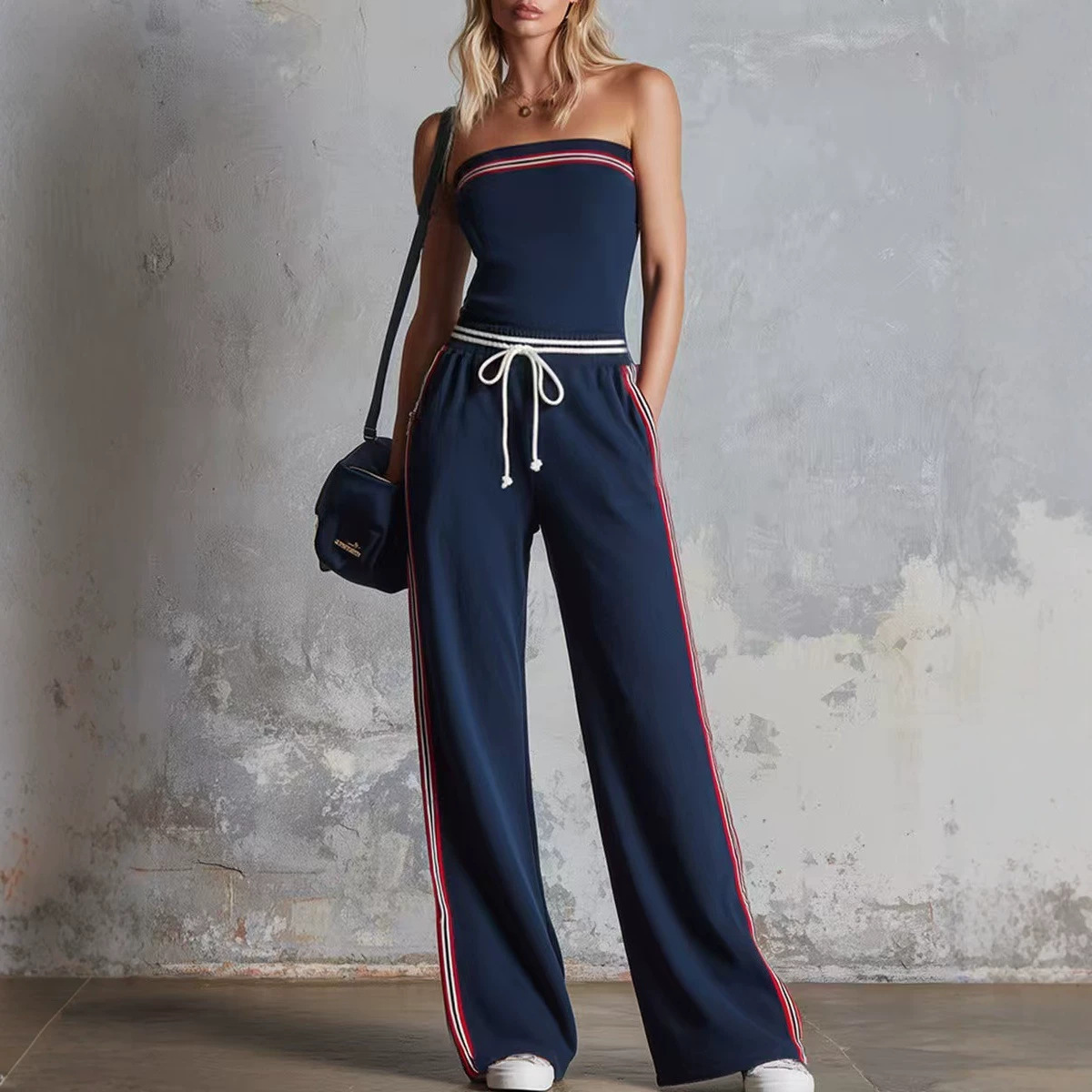 Striped Tube Top & Wide Leg Pants Two-Piece Set