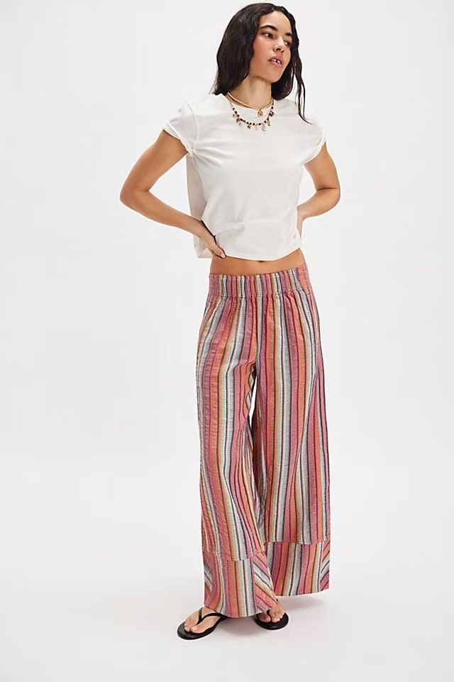 Striped Wide-Leg High-Waist Straight Pants for Women