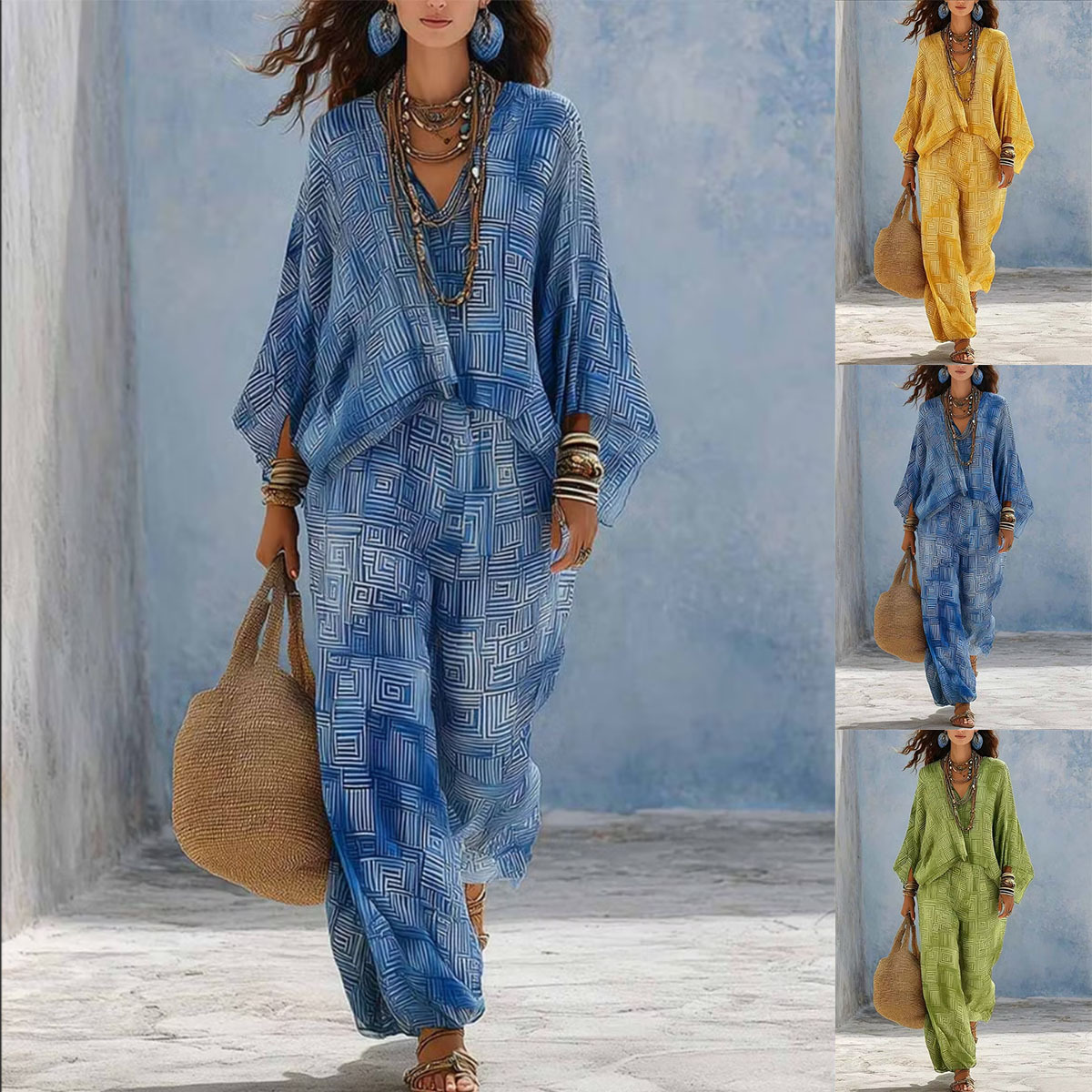 Women's Geometric Print V-Neck Loose Top & High-Waist Wide-Leg Pants Set