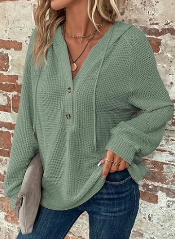 Women's Solid Color Long Sleeve V-Neck Hooded Button Sweatshirt