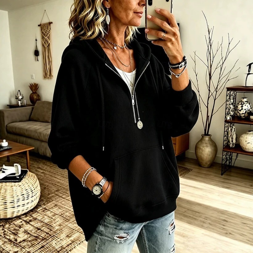 Women's Corduroy Hooded Pullover Sweatshirt with Drawstring Pocket Half-Button