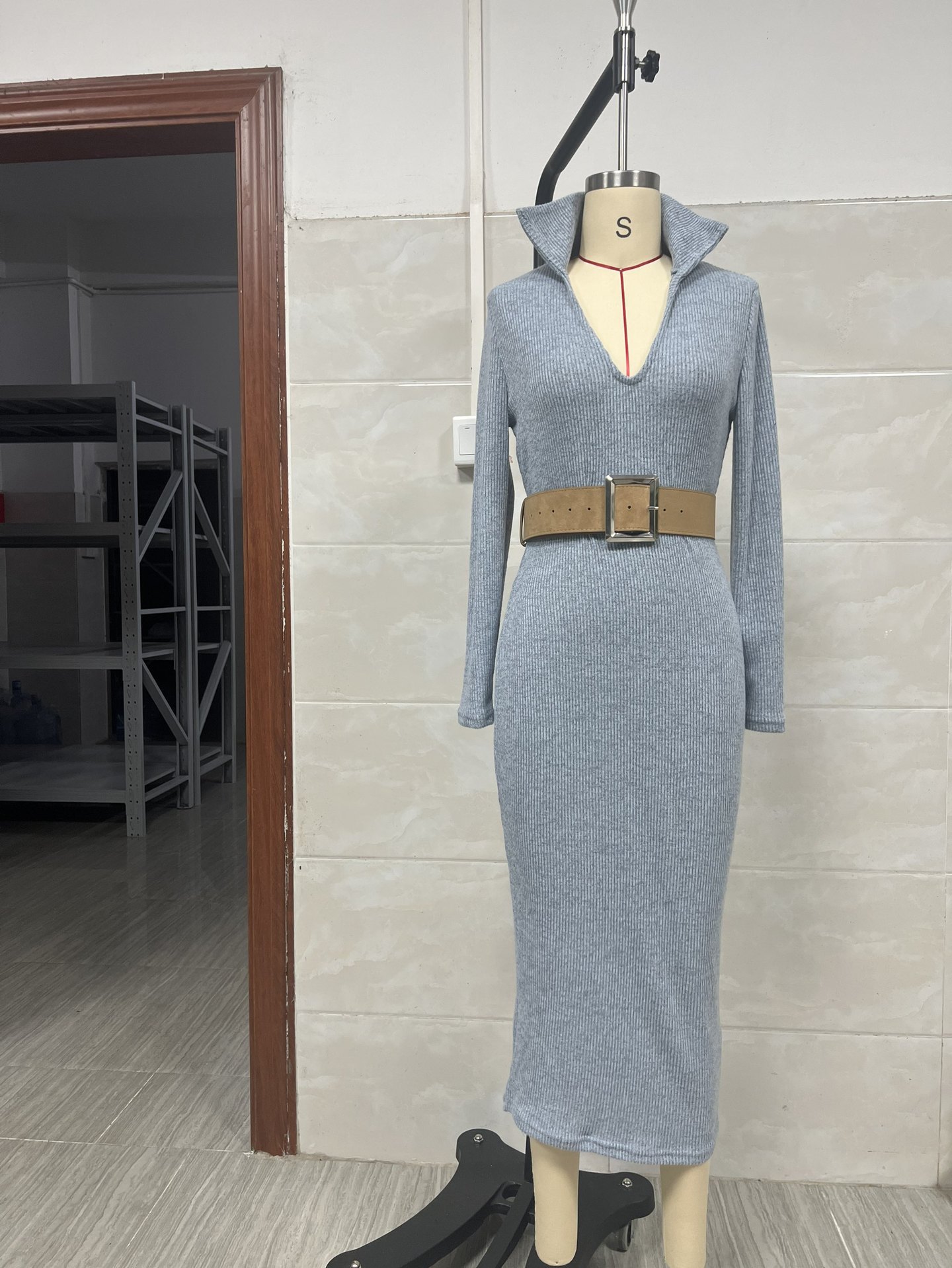 Women's Slim Fit Belted Midi Bodycon Dress High Neck Long Sleeve Knit