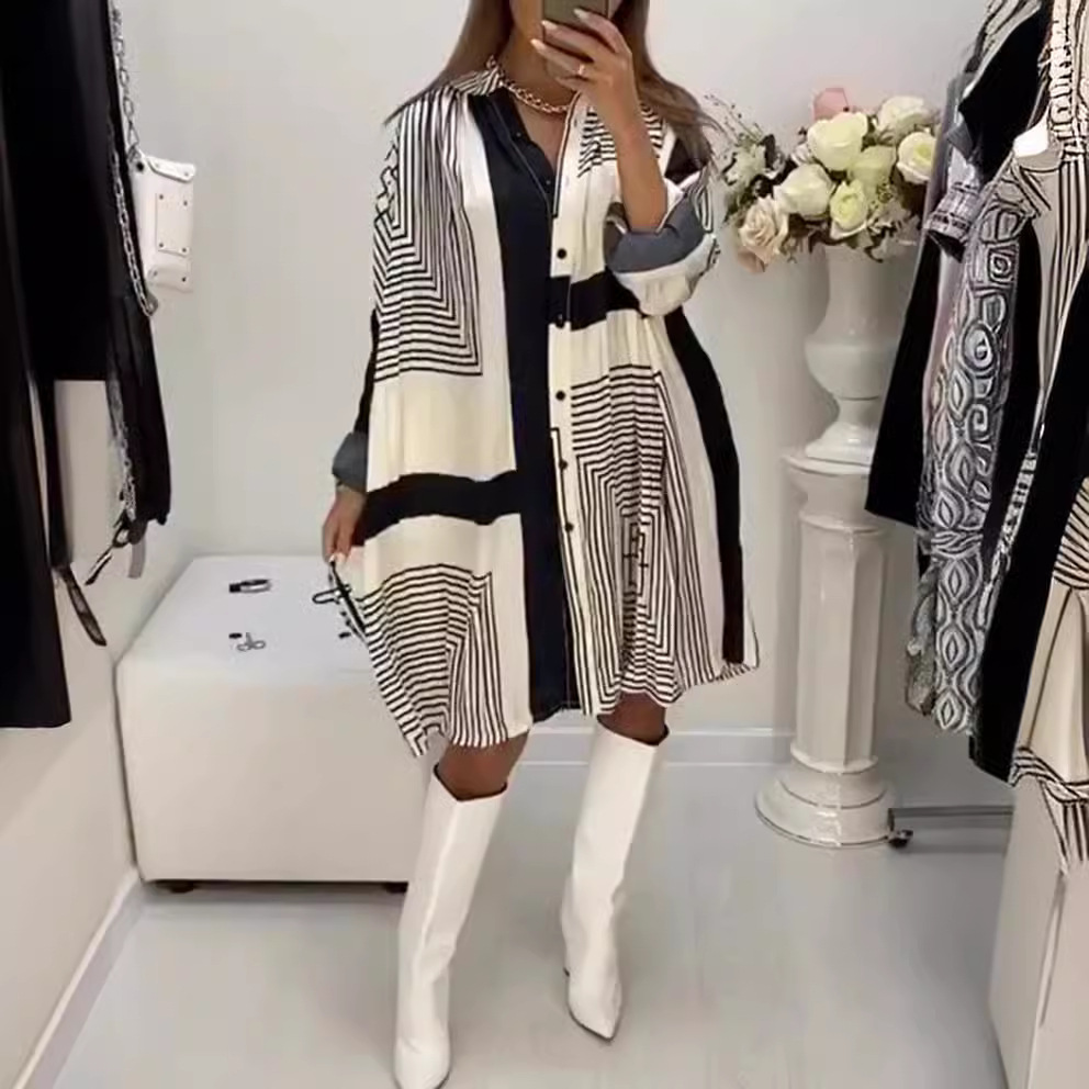 Women's Loose Fit Printed V-Neck Long Sleeve Midi Dress