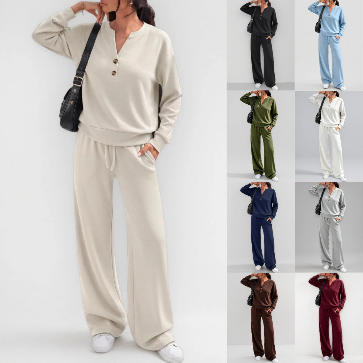 Women's Loose Long Sleeve Top & Wide Leg Pants Two-Piece Set