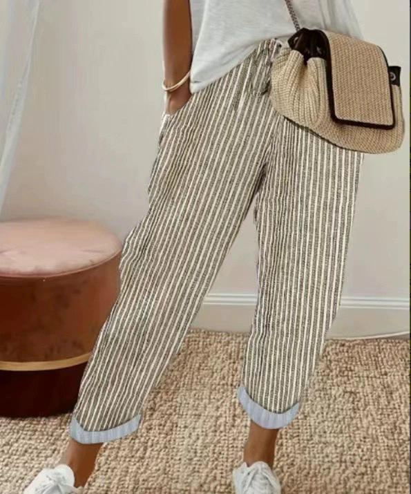 Striped Casual Pants Women Loose Elastic Waist