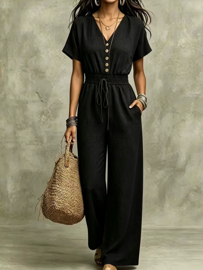 V-Neck Button-Front Short-Sleeve Drawstring High-Waist Wide-Leg Cotton-Feel Jumpsuit