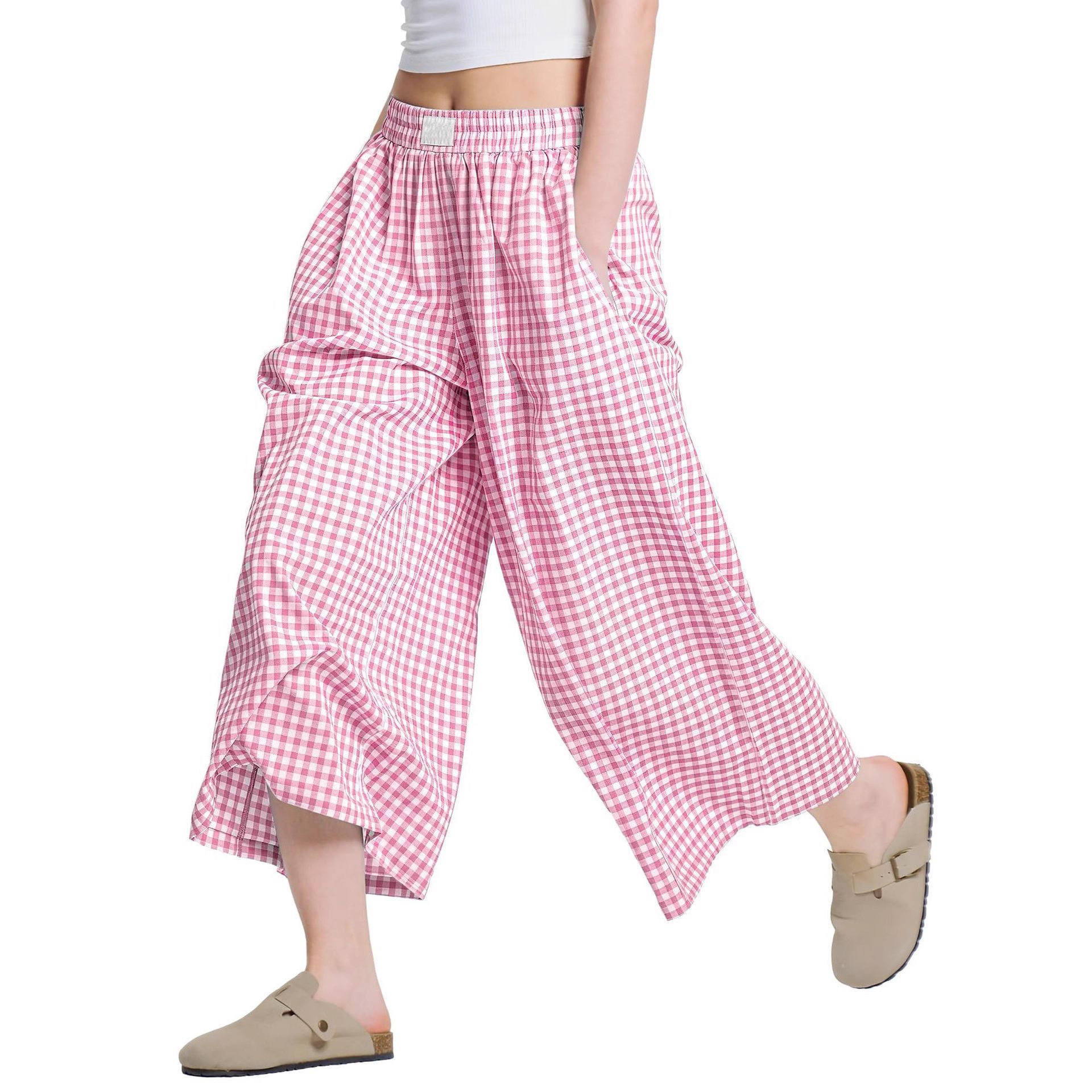 Women's Plaid Linen-Blend Wide-Leg Pants Loose Casual
