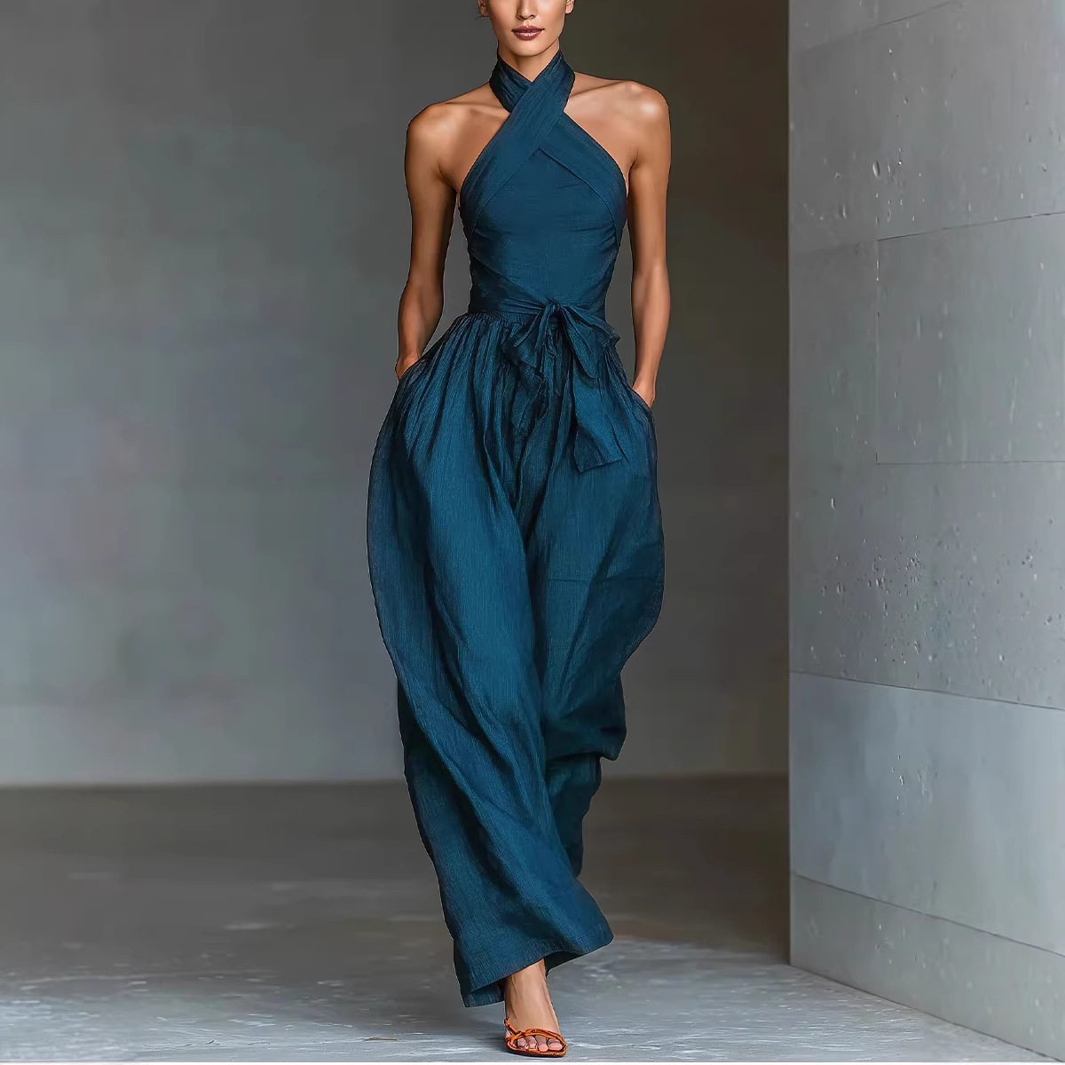 Sleeveless Halter Tie Solid Color Pocket Jumpsuit Long Pants