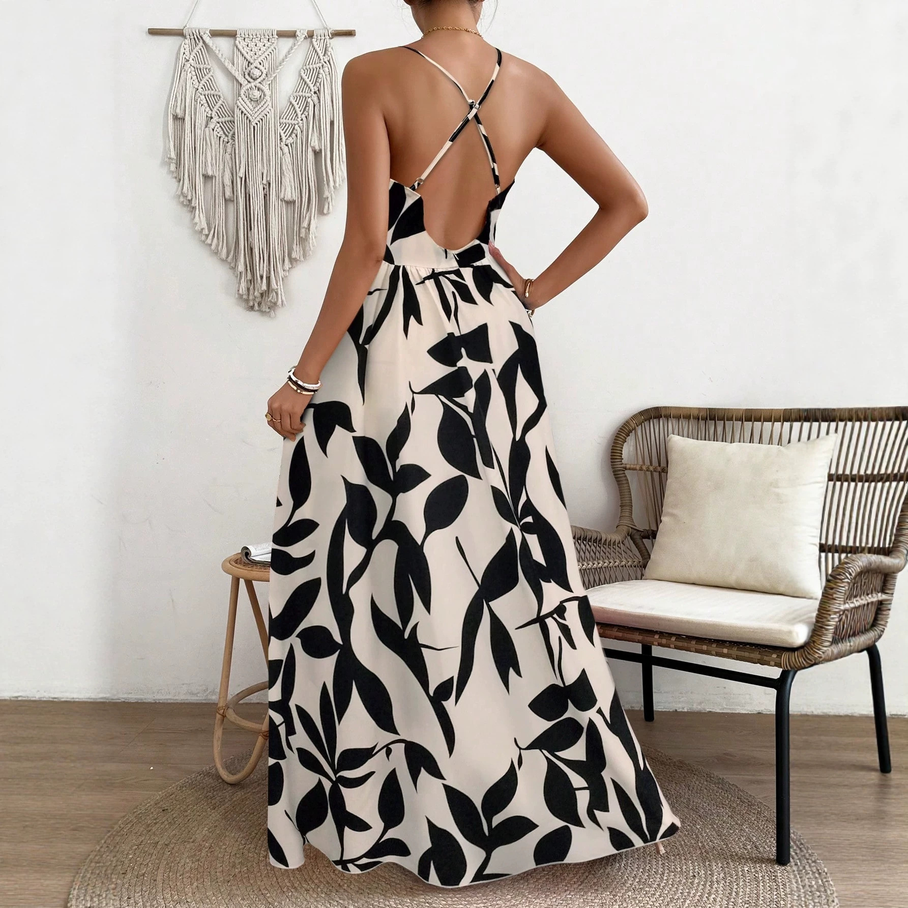Tie-Dye Rainbow Print Halter Maxi Dress Backless