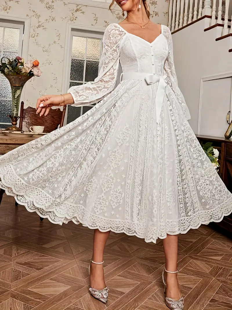 Elegant Vintage Lace V-Neck Long Sleeve A-Line Maxi Dress