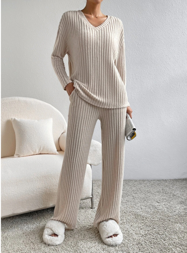 Women's Two-Piece Ribbed Knit V-Neck Top & Straight-Leg Pants Set