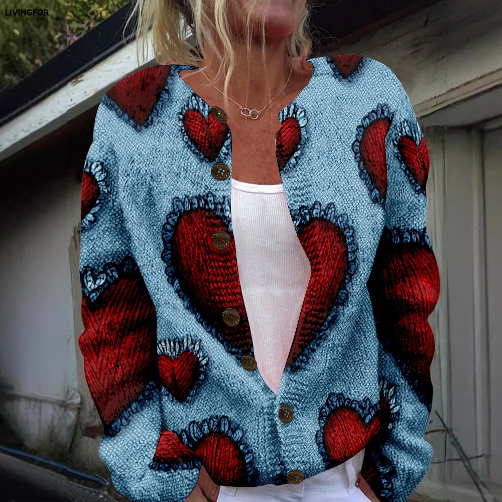 Women's Heart & Flower Print Button Cardigan Sweater